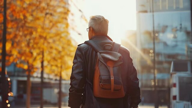Mature man with backpack walking in the city. Back view.