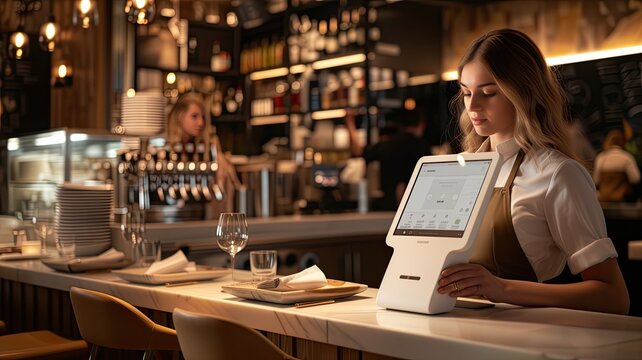 a modern white touchscreen POS system, elegantly displayed in a restaurant setting, with a beautiful waitress standing beside it, ready to take orders grace.