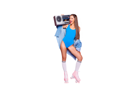 Let's make noise! Swag people person leisure hobby melody meloman concept. Full length body size photo of beautiful excited mad joyful girl holding tape radio on shoulder isolated pastel background - Powered by Adobe