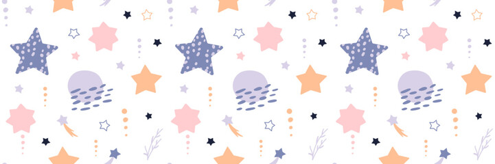 Bohemian baby pattern. Seamless baby pattern in boho style. Bohemian pattern for kids with organic shapes and stars on white background.