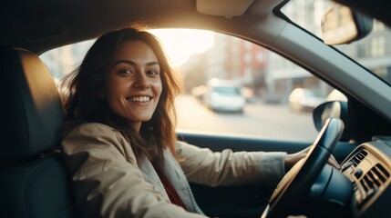 A beautiful young cheerful woman enjoys a new car, driving a car at sunset. Buying and renting a car concept.