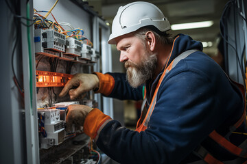 Electrician repairs electrical wiring in an electrical panel. Electrical installation
