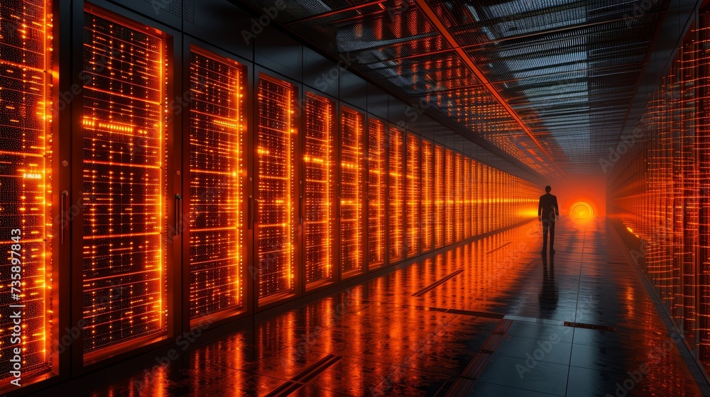 Poster A shot of a working data center corridor with racks and supercomputers and high-definition Internet projections.