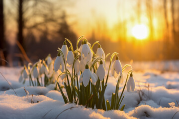 Beautiful white snowdrop flowers blossoming outdoors in snow, sunset