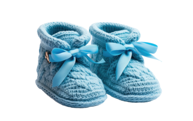 Blue Knitted Shoes With Bow. A pair of blue knitted shoes adorned with a bow, creating a stylish and cozy footwear option.