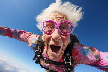 Funny and smiling elderly woman has fun skydiving with rosa sunglasses