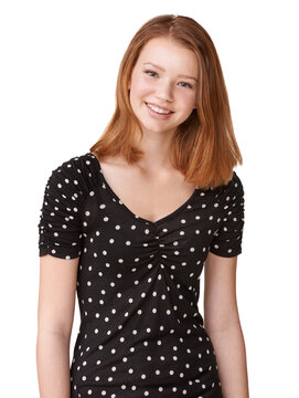 Portrait, teenage girl or big smile with white background for yearbook or graduation photo in studio. Mock up of happy, female student or gen z teenager with confidence and glow for school picture