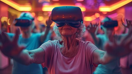 rehabilitation center with VR stations set up in the gym older adults, wearing VR headsets, are exercising in their respective virtual environments VR exercises are designed to be safe and effective - obrazy, fototapety, plakaty