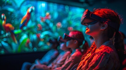 auditorium is illuminated by the dim glow of screens. Twenty students are sitting in chairs, wearing VR headsets. They are all focused on what is happening on their screens. The screens display a real