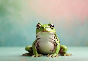 Green frog on the pastel background. 29 february leap year day concept