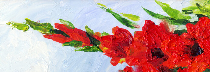 Oil painting. Red gladiolus in the garden