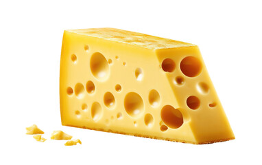 A Piece of Cheese With Holes. A close up photograph of a single piece of cheese with distinct holes throughout.