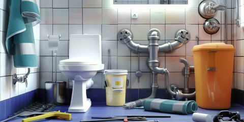 plumber tools and equipment in a bathroom,  prepare to servis