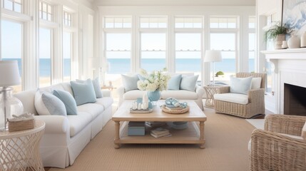 beautiful small space casual living family room soft neutral wood beams  and a gorgeous grouping of swivel color fabric chairs around a striking coffee table coastal design nature freshness home