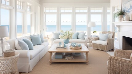 beautiful small space casual living family room soft neutral wood beams  and a gorgeous grouping of swivel color fabric chairs around a striking coffee table coastal design nature freshness home