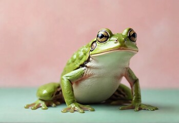 Obraz premium Green frog on the pastel background. 29 february leap year day concept