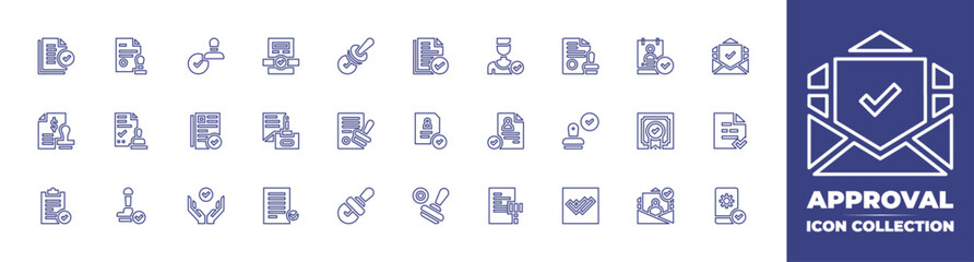 Approval line icon collection. Editable stroke. Vector illustration. Containing documents, validation, loan, approve, stamp, check, cv, document, approved, approval, email, follower, legal document.