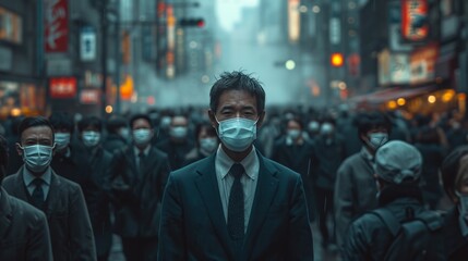 city street scene at night. The street is crowded with people, all of whom are wearing suits and surgical medical masks. The mood is somber and anxious, as the people are aware that a new virus break