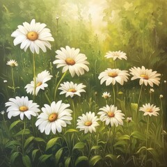 Fototapeta premium blooming white daisies, their delicate petals shimmering under the golden sunlight, while vibrant yellow centers add a touch of warmth and vibrancy to the scene.