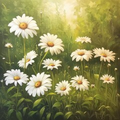 blooming white daisies, their delicate petals shimmering under the golden sunlight, while vibrant yellow centers add a touch of warmth and vibrancy to the scene.