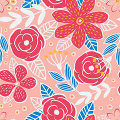 Fantasy rose flowers, leaves and branches form a modern botanical seamless pattern for textiles on a pink background. Vector.