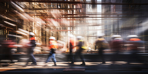 Image of the movement of engineers and construction workers in the construction zone. Ai generate. - obrazy, fototapety, plakaty