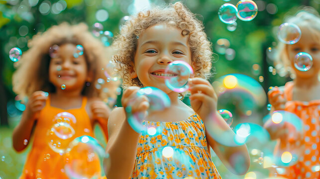 Children playing with soap bubbles in the field in summer