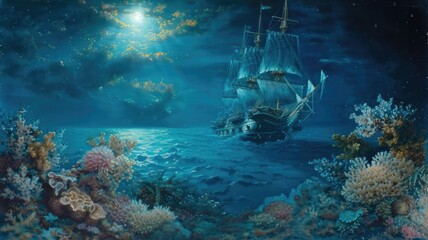 a sailing frigate, its mast protruding through the water's surface, as it is stuck on an underwater coral reef during the dark of night, evoking a sense of peril and isolation.