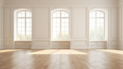 Bright empty room hall with a large window.