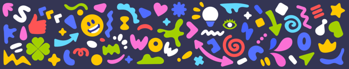 Vector bright illustration of collection of different abstract shape on dark color background. Flat cartoon style design of various decorative multicolored element set