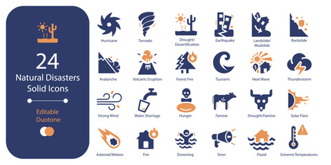 Natural disasters and weather events solid duotone flat icon pack with 24 isolated icons