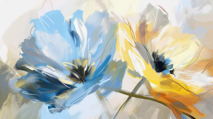 Painting of Two Blue and Yellow Flowers