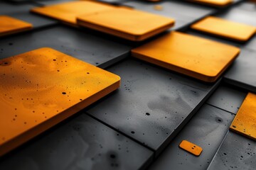 A vibrant cluster of yellow-orange squares rest atop a sleek black canvas, exuding warmth and...