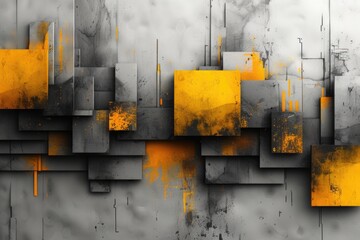 An outdoor abstract art piece featuring vibrant grey and orange squares that evoke a sense of colorfulness and playfulness over concrete wall
