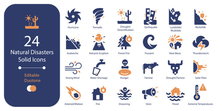Natural disasters and weather events solid duotone flat icon pack with 24 isolated icons