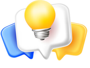 Vector illustration of communication speech bubble with yellow light bulb and shadow on white background. 3d style design of speech bubble with electric shine light bulb