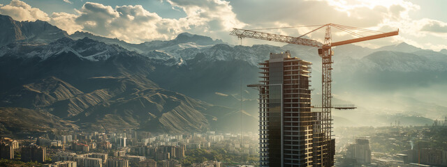construction of a residential complex with sea and mountain views , a banner for a construction company