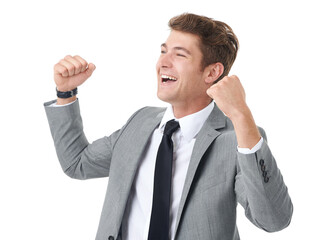 Businessman, fist pump and winner in studio with celebration or deal and growth in company shares. Happy guy, professional lawyer or yes for job achievement, promotion or success by white background