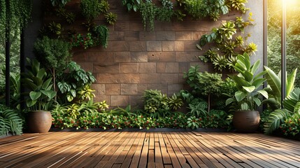 The scene shows an empty wooden terrace with a green wall, there is a wood plank floor with a tropical style tree garden background, with sunlight shining on the tree.