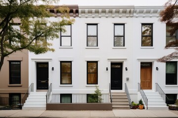 White Row Houses, Street Landscape, Brooklyn Architeture, Facades of American Houses