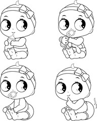 Cartoon baby girl characters. Cute babies drinking milk, playing, sitting and having a dirty diaper. Vector black and white coloring page.