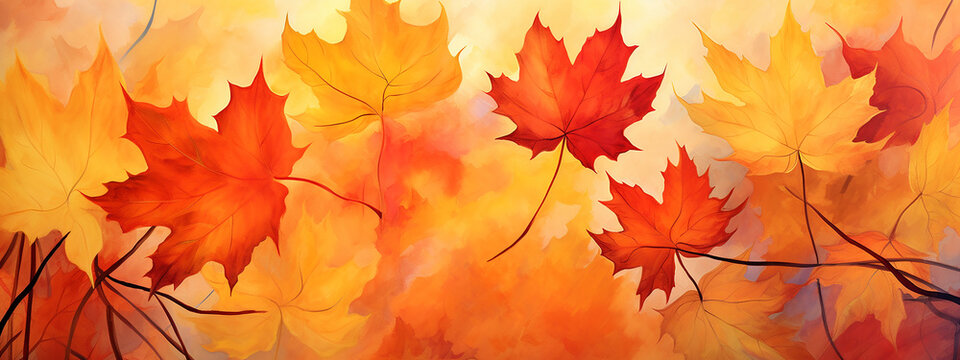 Abstract vintage colorful watercolor autumn fall leaves leaf maple orange yellow nature wallpaper background 
