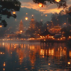 Enchanted Evening at Traditional Asian Temple with Lanterns Over Water