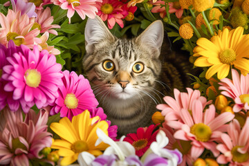 Cat adopted among the colorful flowers, creating a happy, spring-like atmosphere