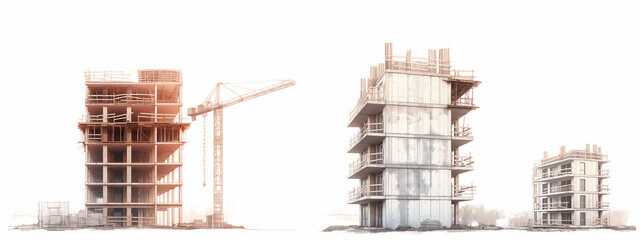 buildings under construction with cranes on a white background, banner