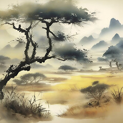Watercolor paintings of the savanna in the style of traditional Japanese paintings.