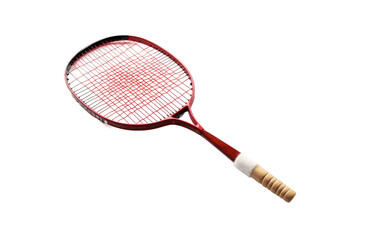 Red and White Tennis Racket. A red and white tennis racket lies on a plain Transparent background.