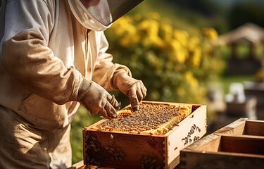 Male beekeeper in white coat holding honey bee hive ready to harvest honey - obrazy, fototapety, plakaty