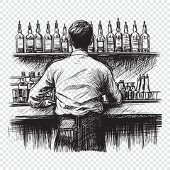 Behind the man at the bar. Hand drawn engraving style vector illustrations. - obrazy, fototapety, plakaty
