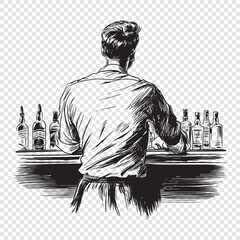 Behind the man at the bar. Hand drawn engraving style vector illustrations. - obrazy, fototapety, plakaty